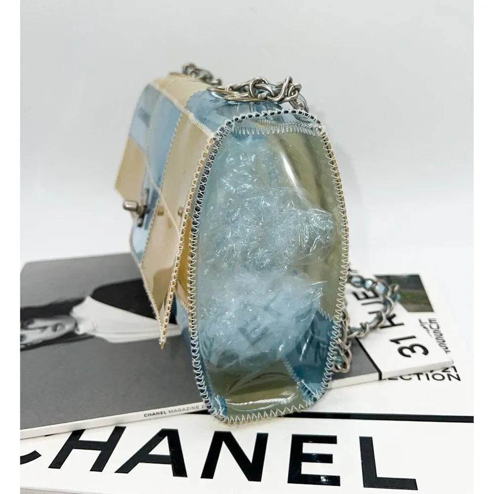 Rare Vintage CHANEL Blue and Beige PVC Stitched Patchwork CC Logo Should…
